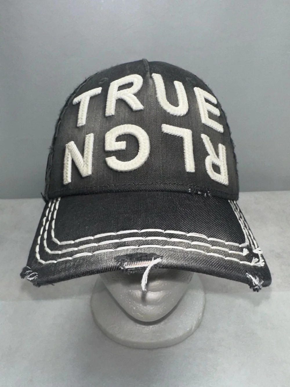 True Religion Trucker Hat Cap Black TRUE RLGN spellout Distressed Leather Strap
